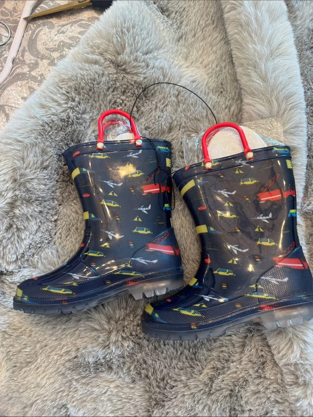 Kids Navy Rain Boots with Red and Yellow Vehicle Print. They light up!!!
